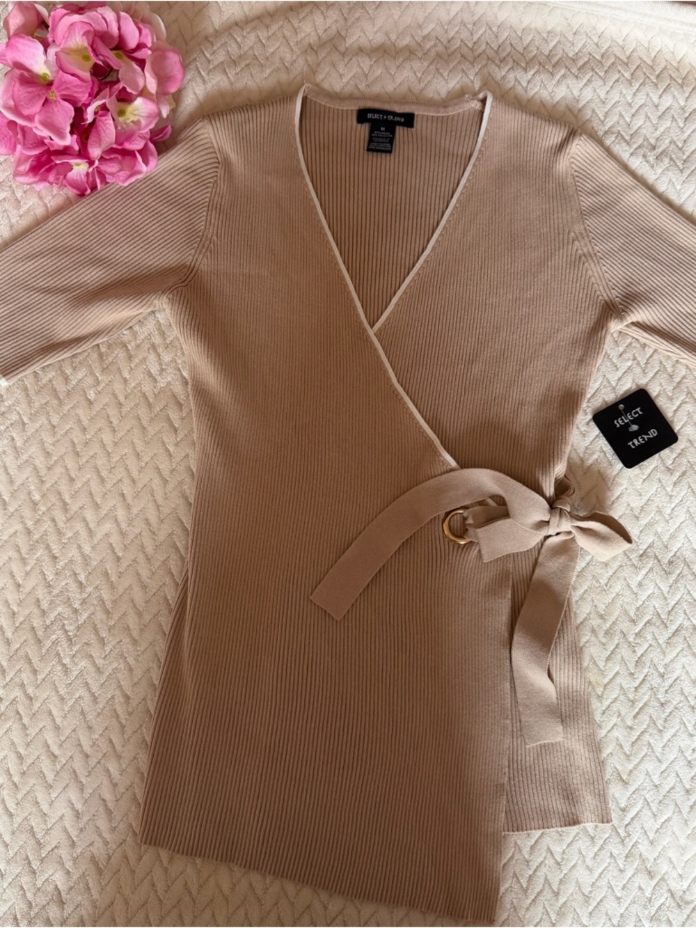 Beige Asymmetrical Wrap Knit Dress